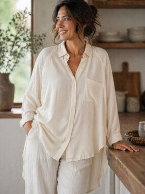 Masai Light Cream Button Down Shirt Relaxed Fit Tunic Top Minimalist Boho XS